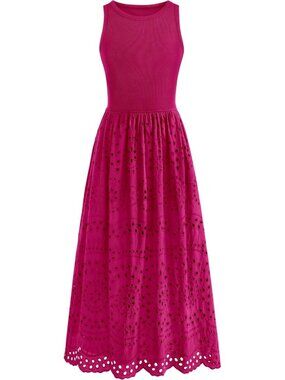 Women's Rose Red Sleeveless Crew Neck Lace Imported A-line Cotton Maxi Dress
